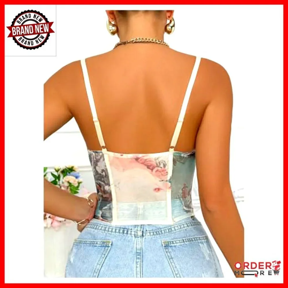 Vintage Renaissance Corset Bustier Graphic Print Lace Up Adjustable Straps